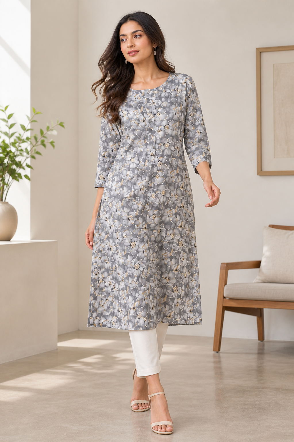 Grey & White Floral Print Cotton Straight Kurti