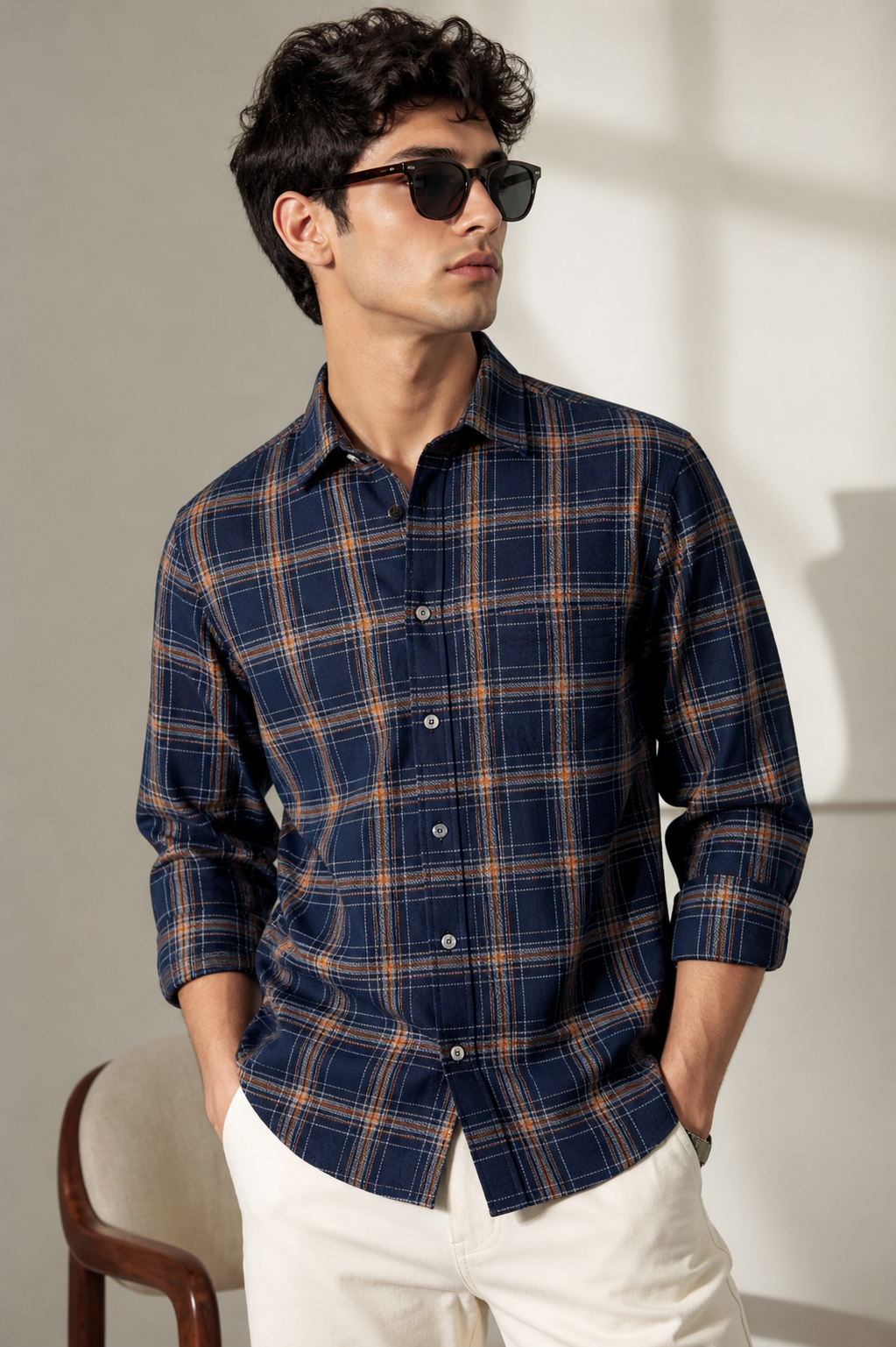 Indigo Blue & Rust Orange Textured Cotton Checked Shirt - 23632