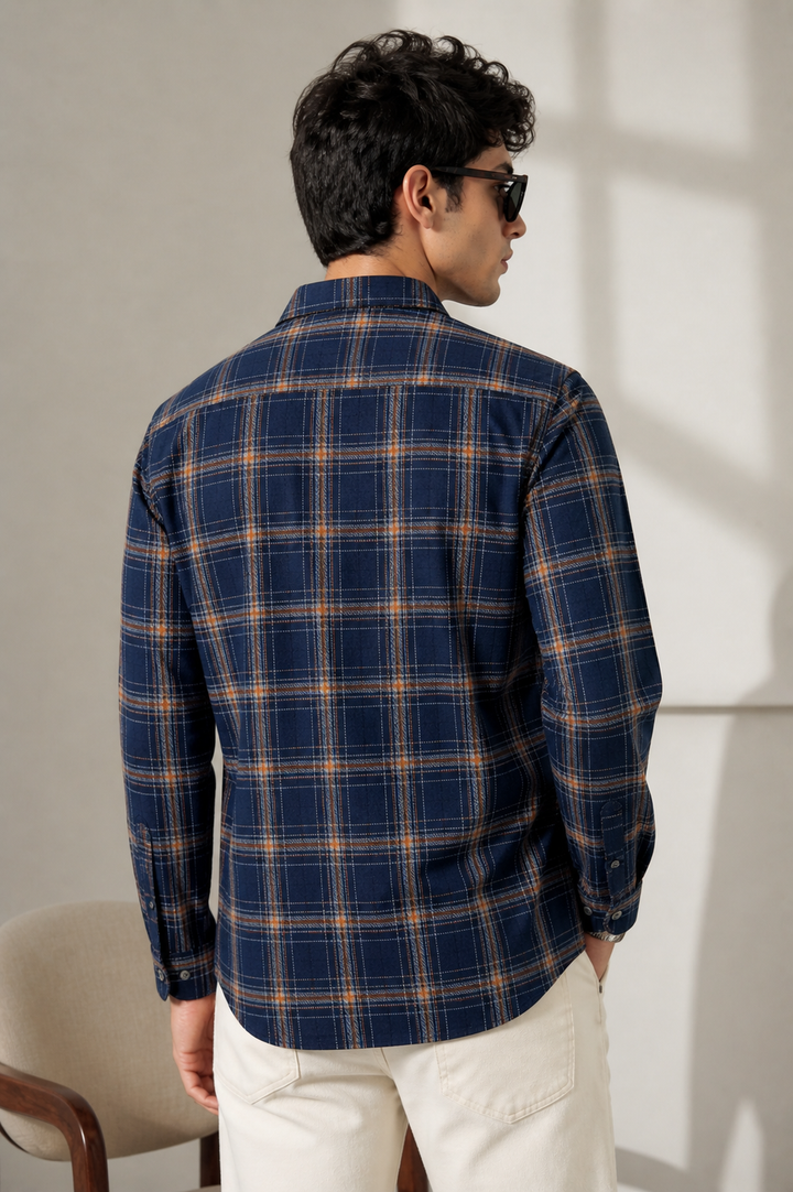 Indigo Blue & Rust Orange Textured Cotton Checked Shirt - 23632