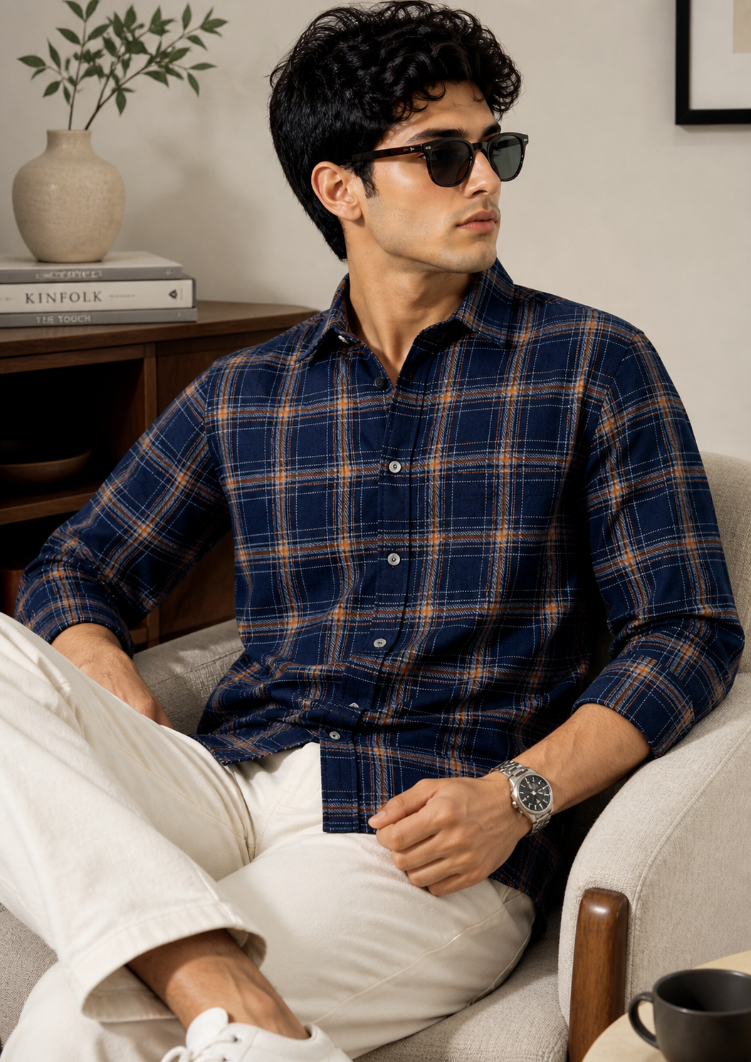 Indigo Blue & Rust Orange Textured Cotton Checked Shirt - 23632