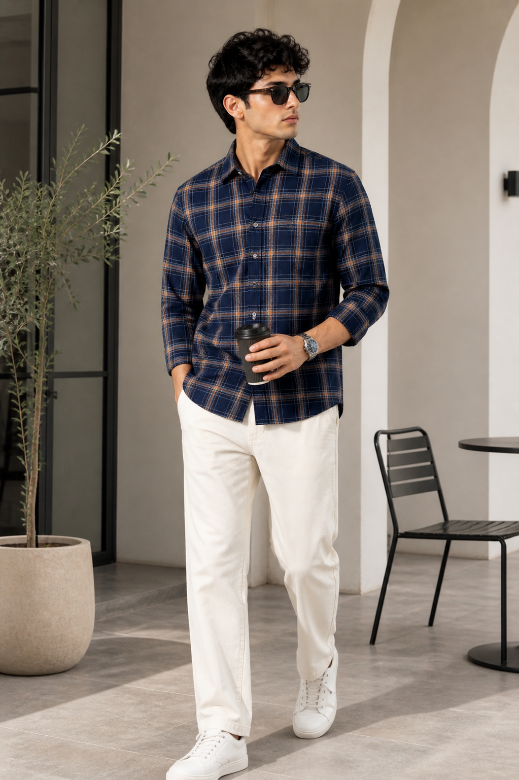 Indigo Blue & Rust Orange Textured Cotton Checked Shirt - 23632
