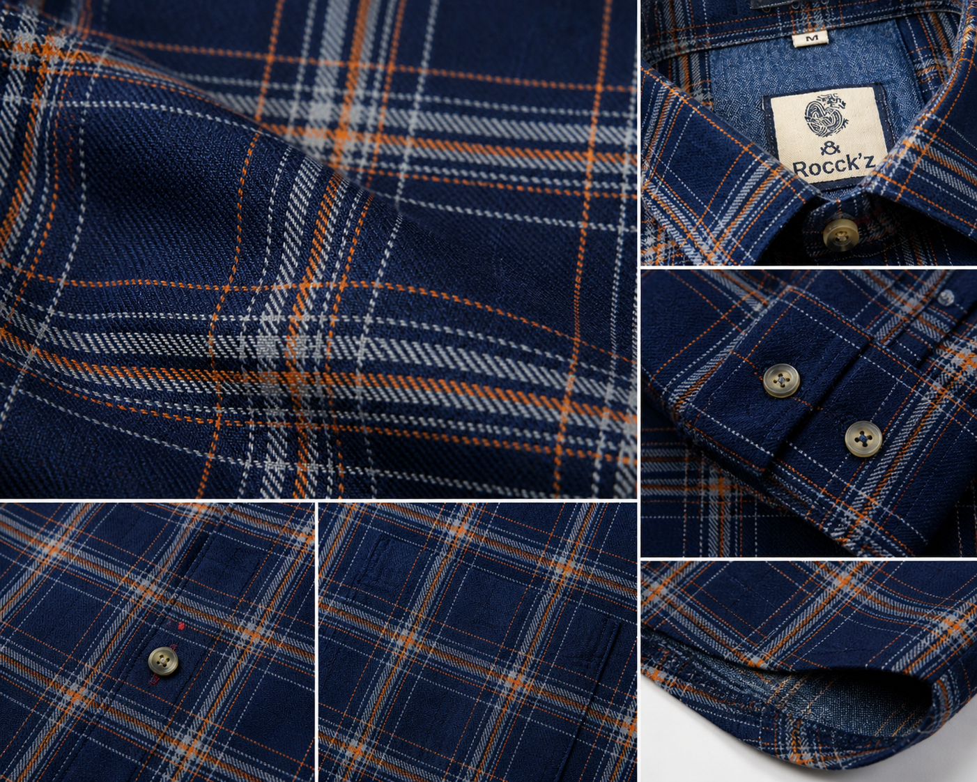 Indigo Blue & Rust Orange Textured Cotton Checked Shirt - 23632