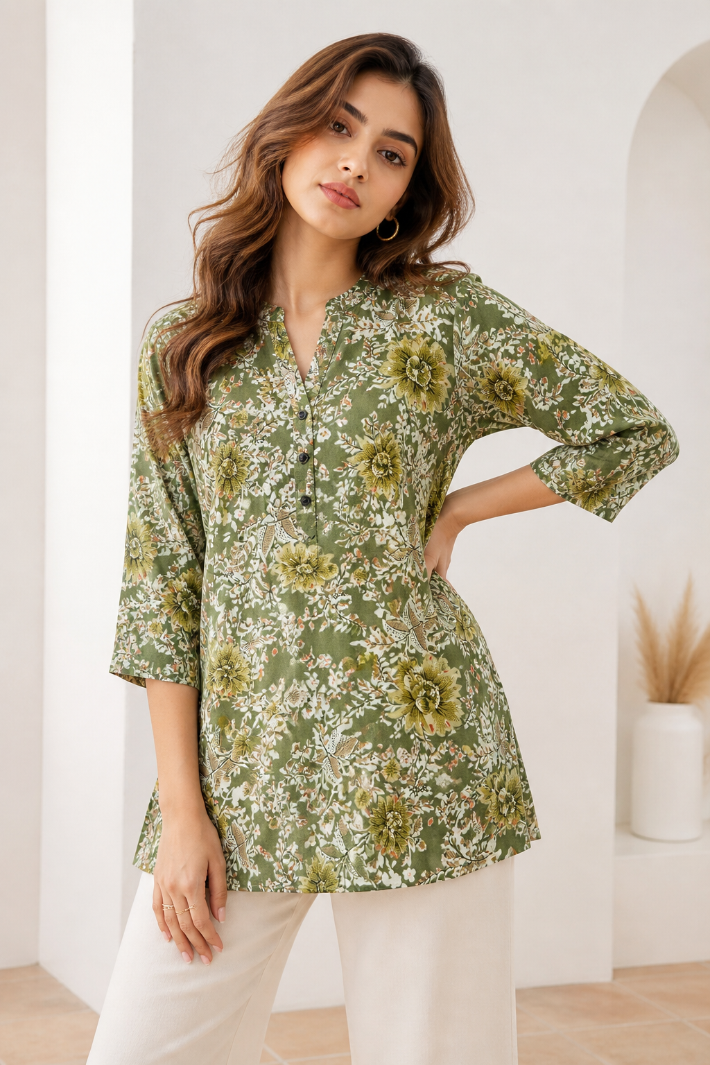 Women's Olive Green Floral Print Cotton Kurti - 26176