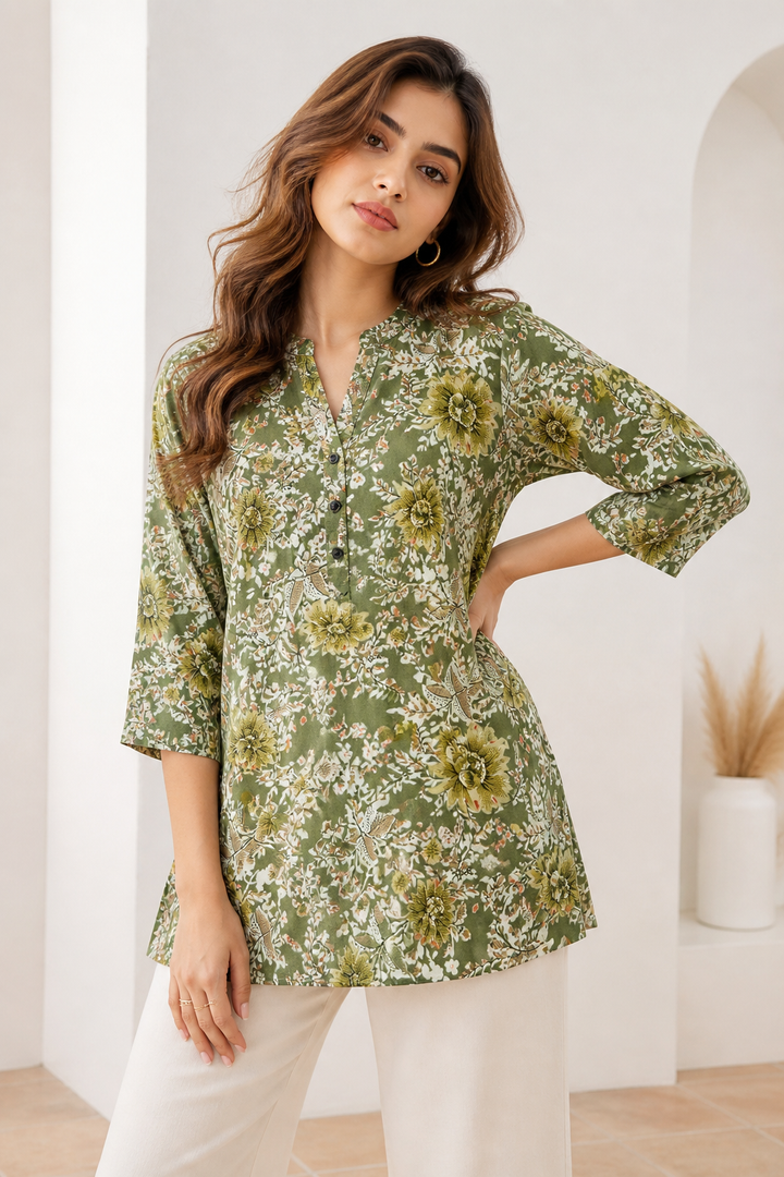 Women's Olive Green Floral Print Cotton Kurti - 26176