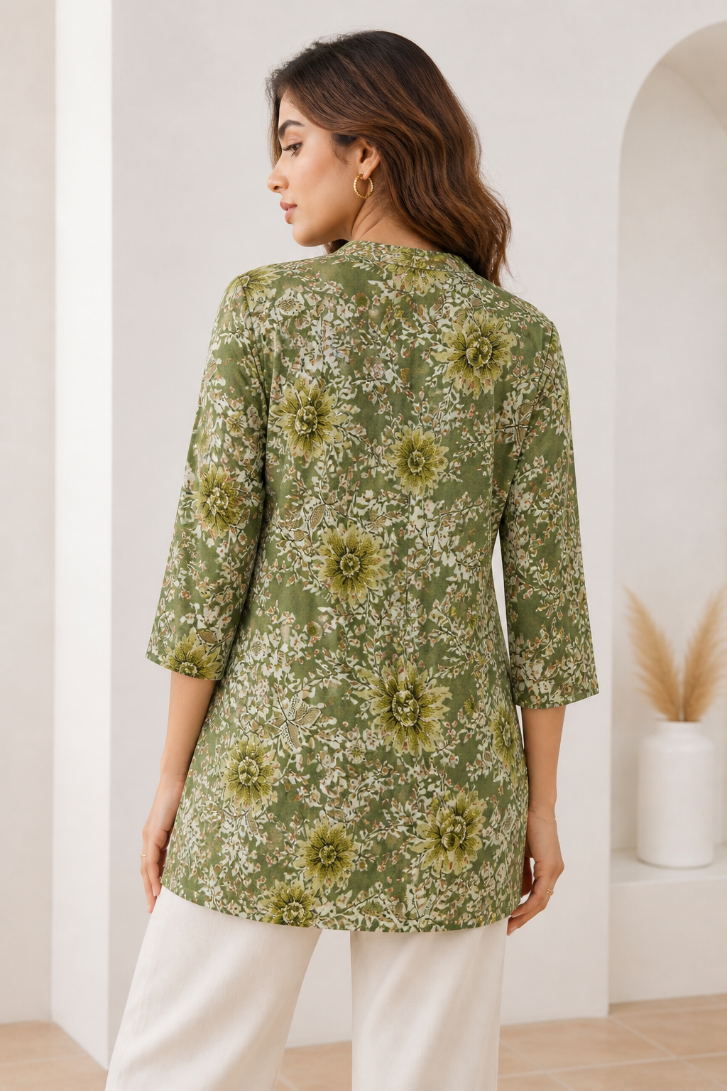 Women's Olive Green Floral Print Cotton Kurti - 26176
