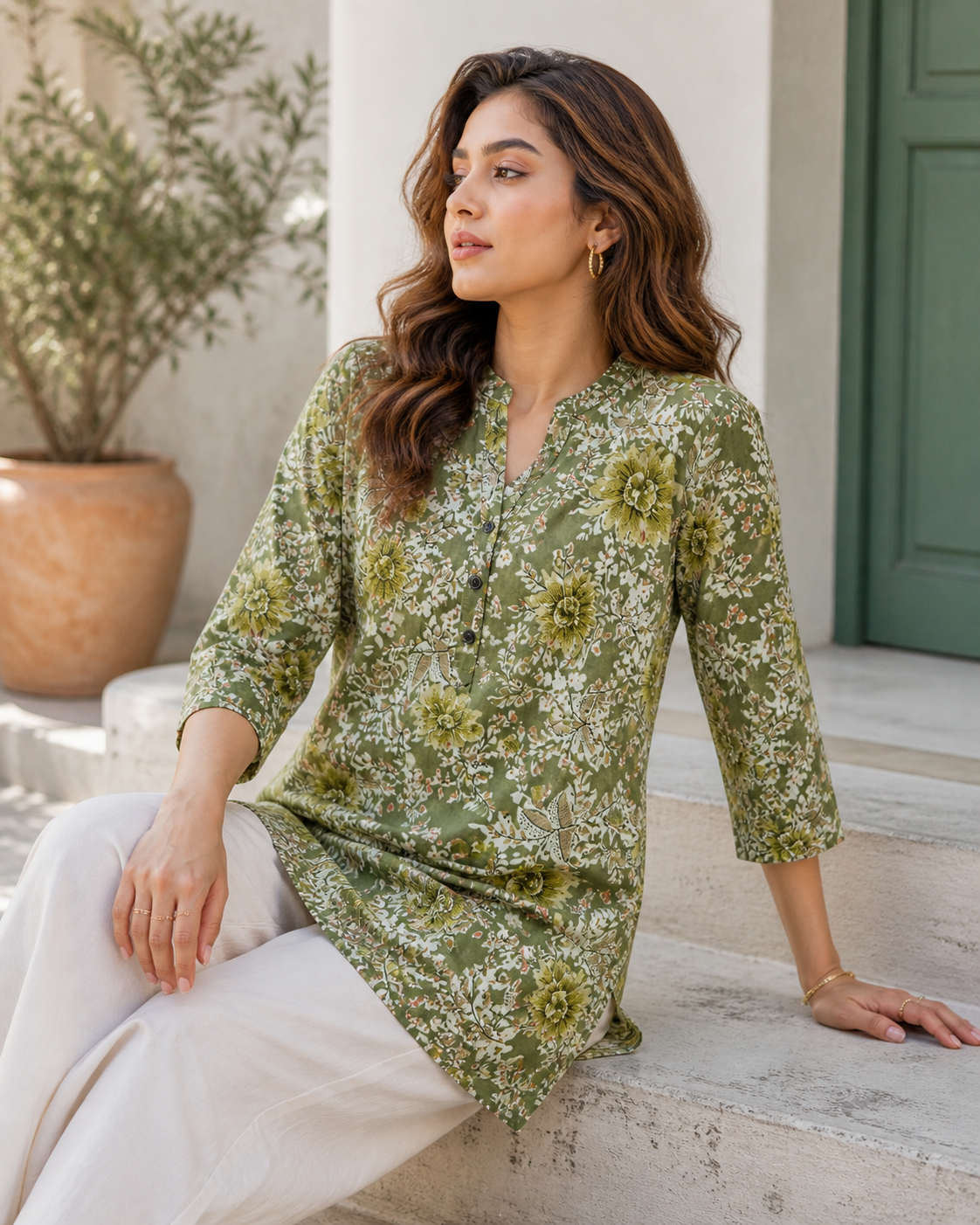 Women's Olive Green Floral Print Cotton Kurti - 26176