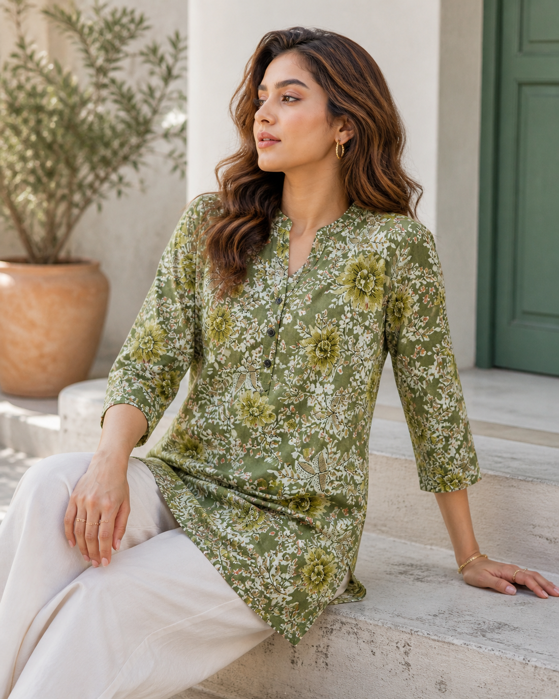 Women's Olive Green Floral Print Cotton Kurti - 26176