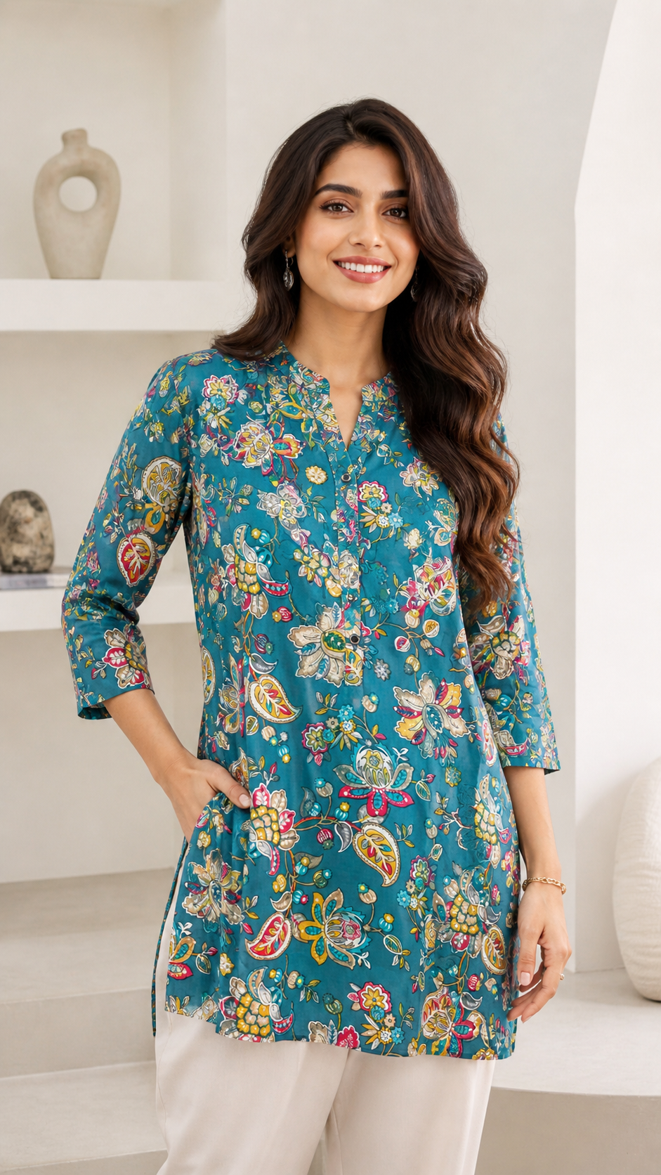 Teal Blue Multi-Color Floral & Paisley Print Kurti - 26172