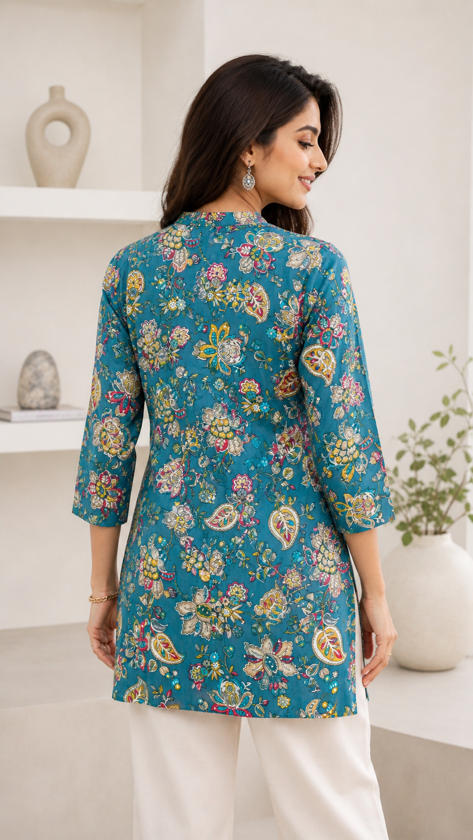 Teal Blue Multi-Color Floral & Paisley Print Kurti - 26172