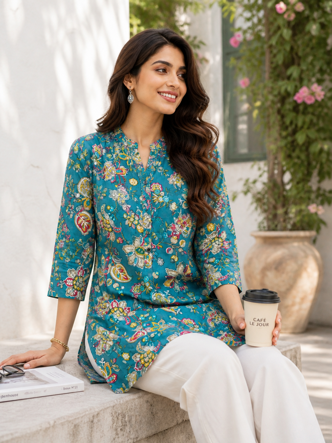 Teal Blue Multi-Color Floral & Paisley Print Kurti - 26172