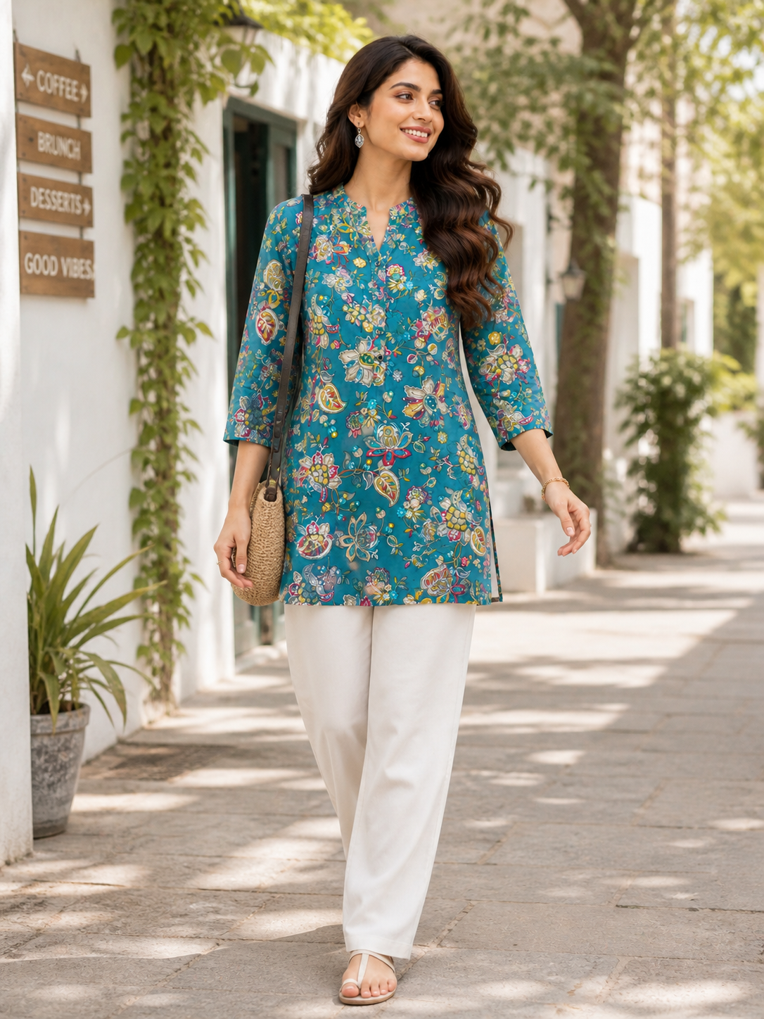 Teal Blue Multi-Color Floral & Paisley Print Kurti - 26172