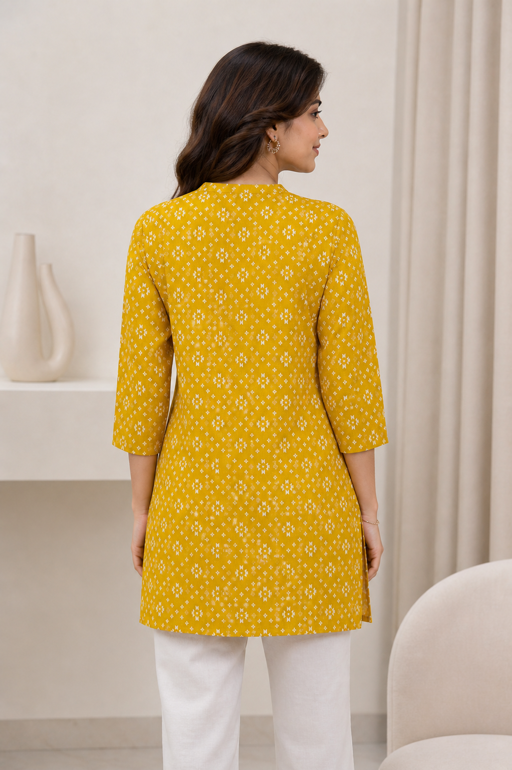 Mustard Yellow Geometric Print Cotton Kurti - 26537