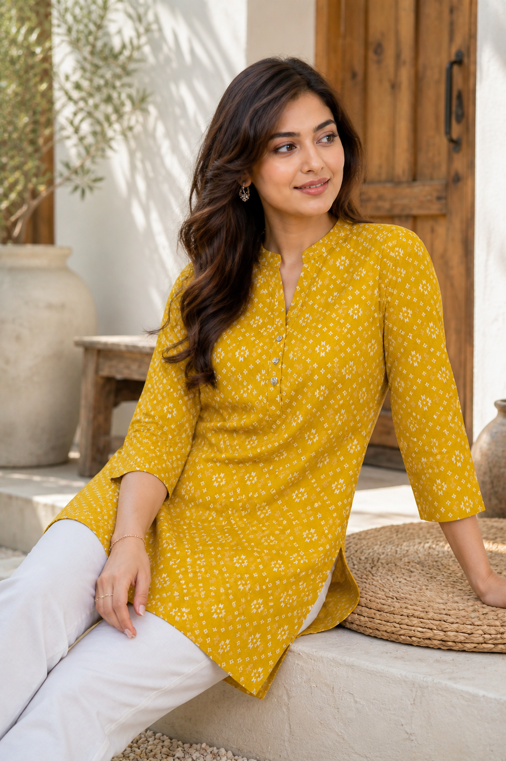 Mustard Yellow Geometric Print Cotton Kurti - 26537