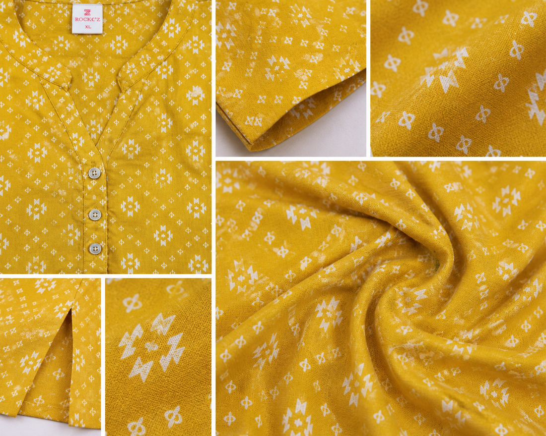 Mustard Yellow Geometric Print Cotton Kurti - 26537