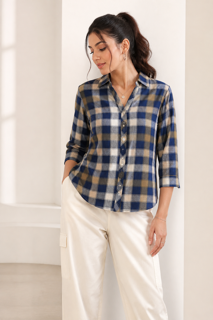 Cotton Checkered Casual Shirt - Navy, Olive, and Tan Multi-Color Plaid - 26143
