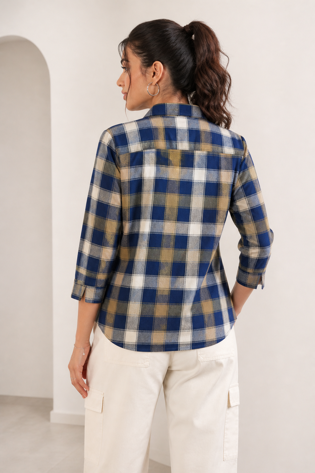Cotton Checkered Casual Shirt - Navy, Olive, and Tan Multi-Color Plaid - 26143