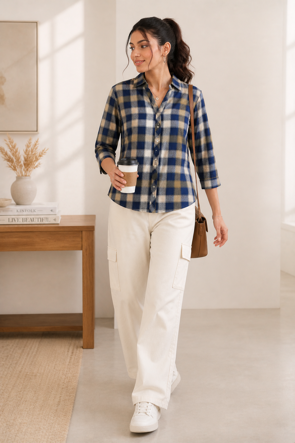 Cotton Checkered Casual Shirt - Navy, Olive, and Tan Multi-Color Plaid - 26143