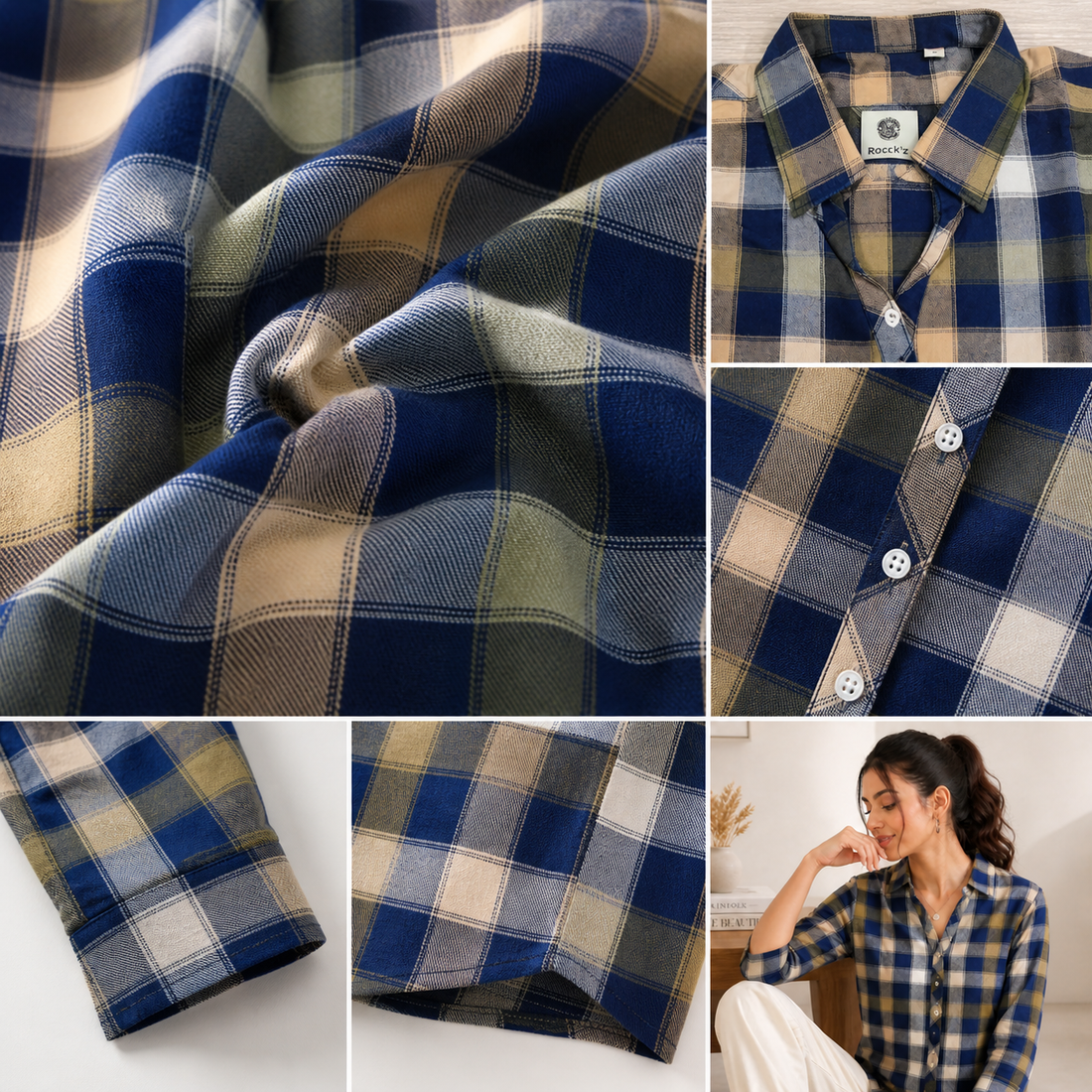 Cotton Checkered Casual Shirt - Navy, Olive, and Tan Multi-Color Plaid - 26143