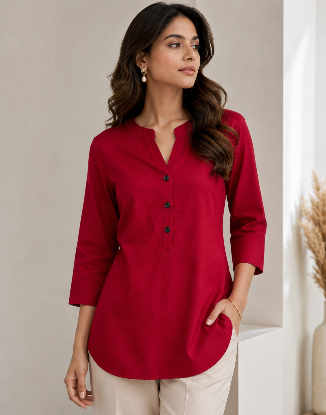 Women’s Crimson Red Solid Cotton Kurti - 24350