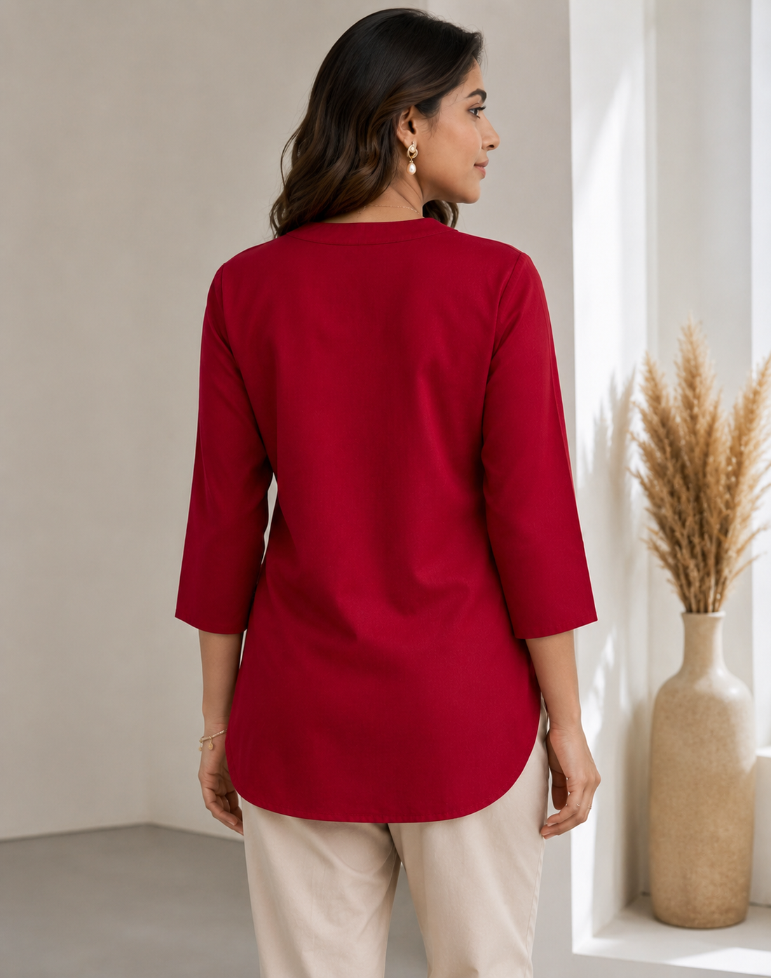 Women’s Crimson Red Solid Cotton Kurti - 24350