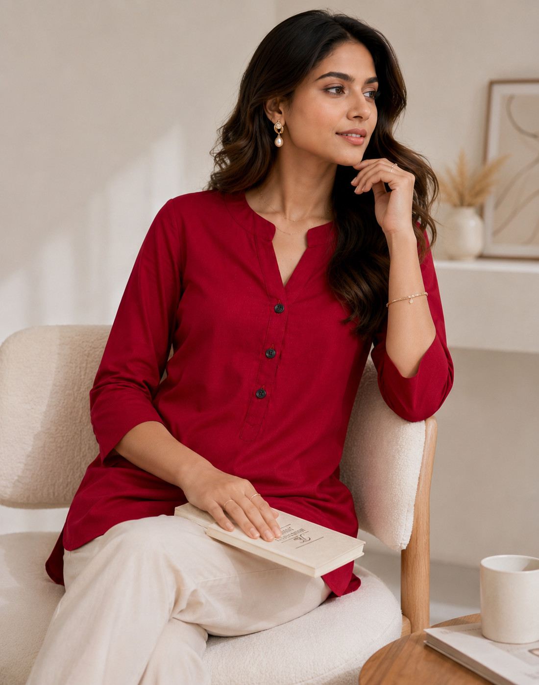 Women’s Crimson Red Solid Cotton Kurti - 24350