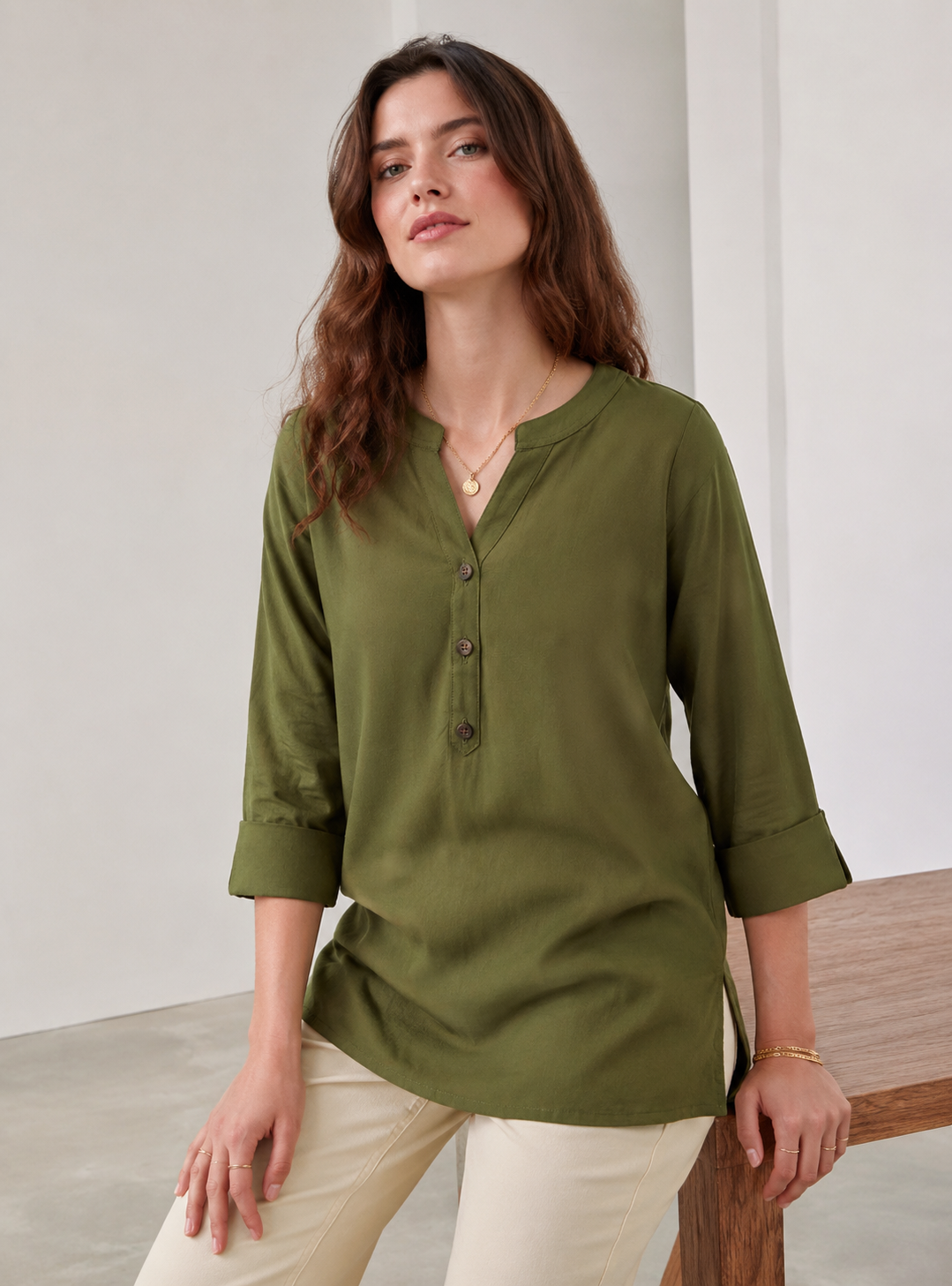 Women’s Olive Green Solid Cotton-Blend Kurti - 24352