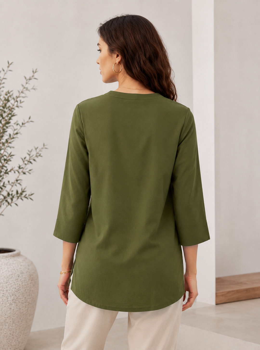 Women’s Olive Green Solid Cotton-Blend Kurti - 24352