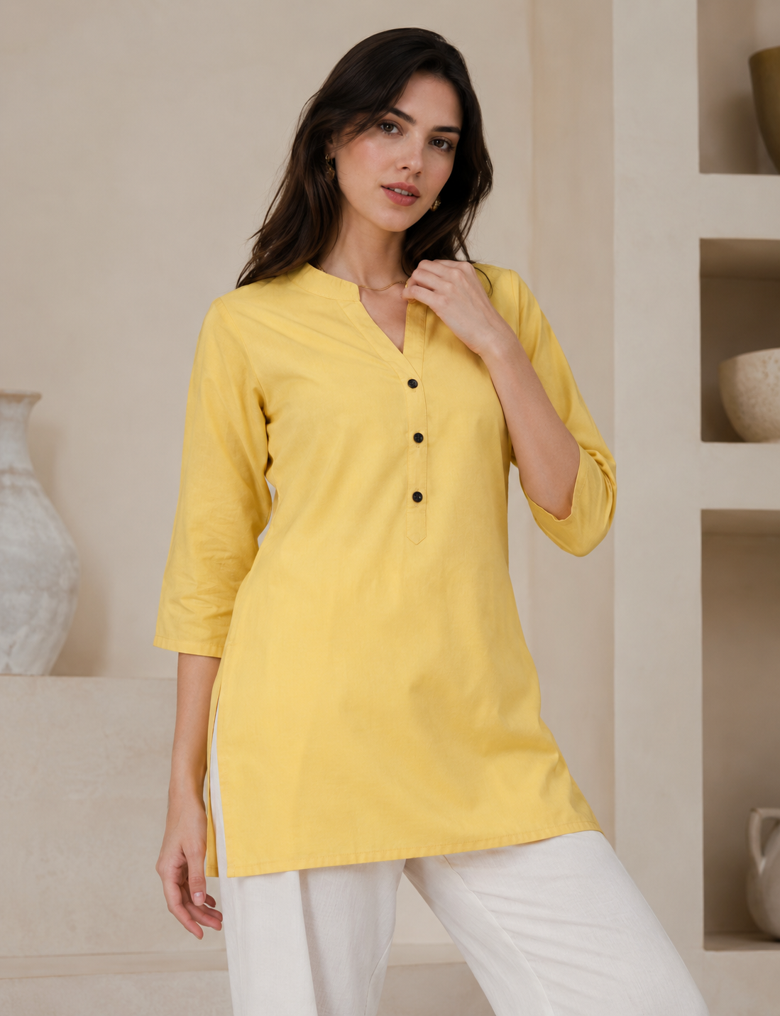 Women’s Lemon Yellow Solid Cotton Kurti - 24345