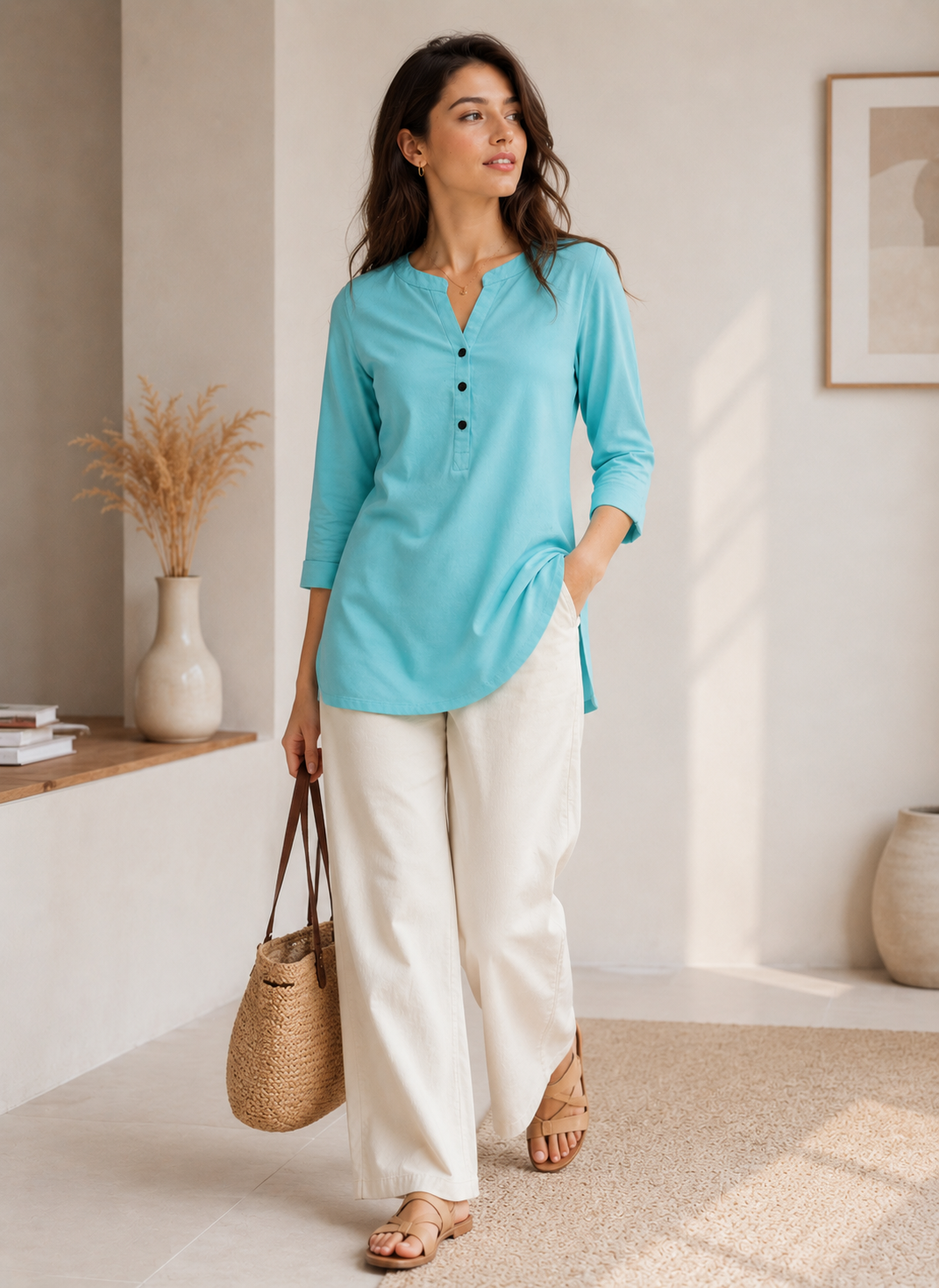 Women’s Solid Seafoam Blue Cotton Kurti - 24346