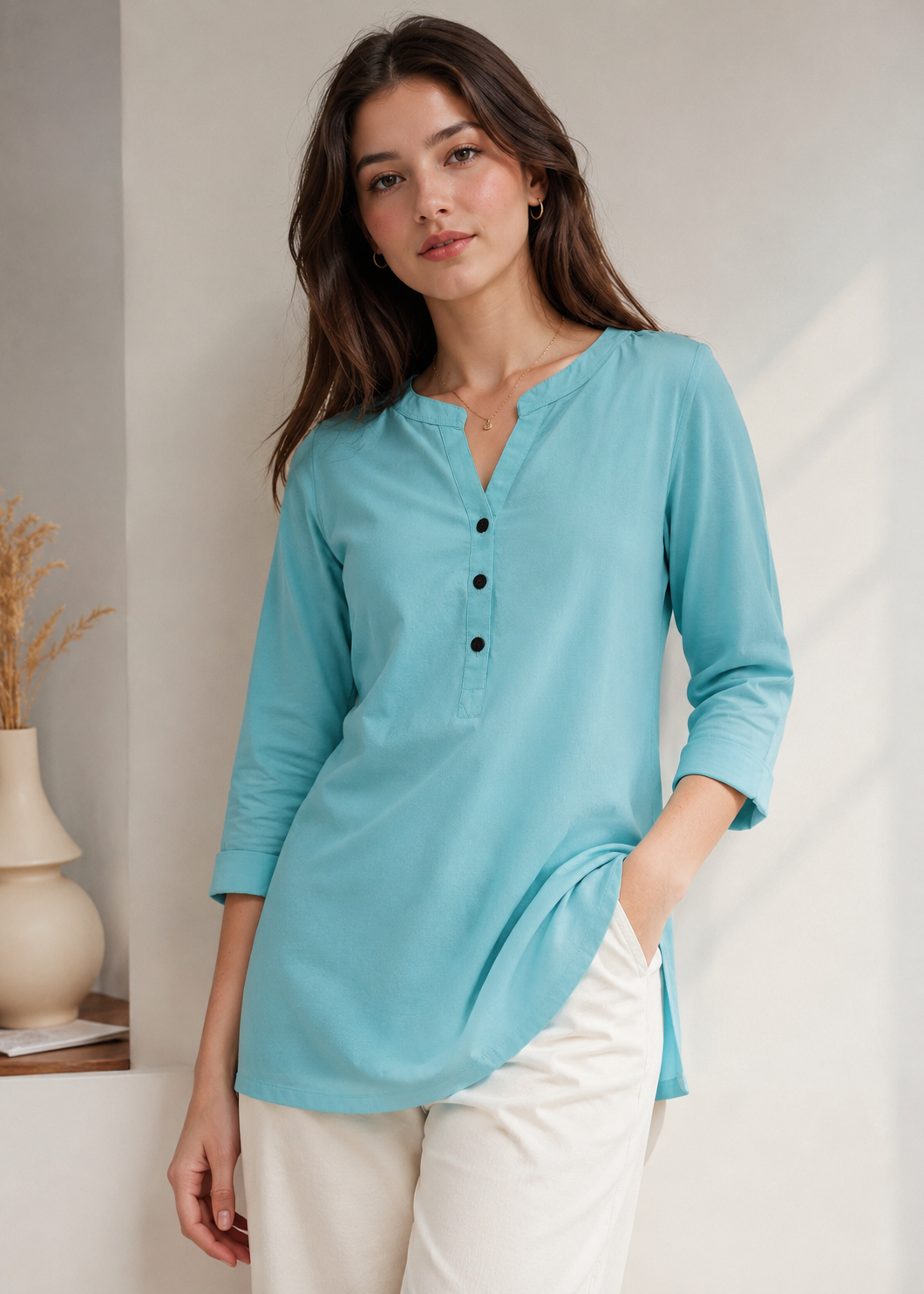 Women’s Solid Seafoam Blue Cotton Kurti - 24346