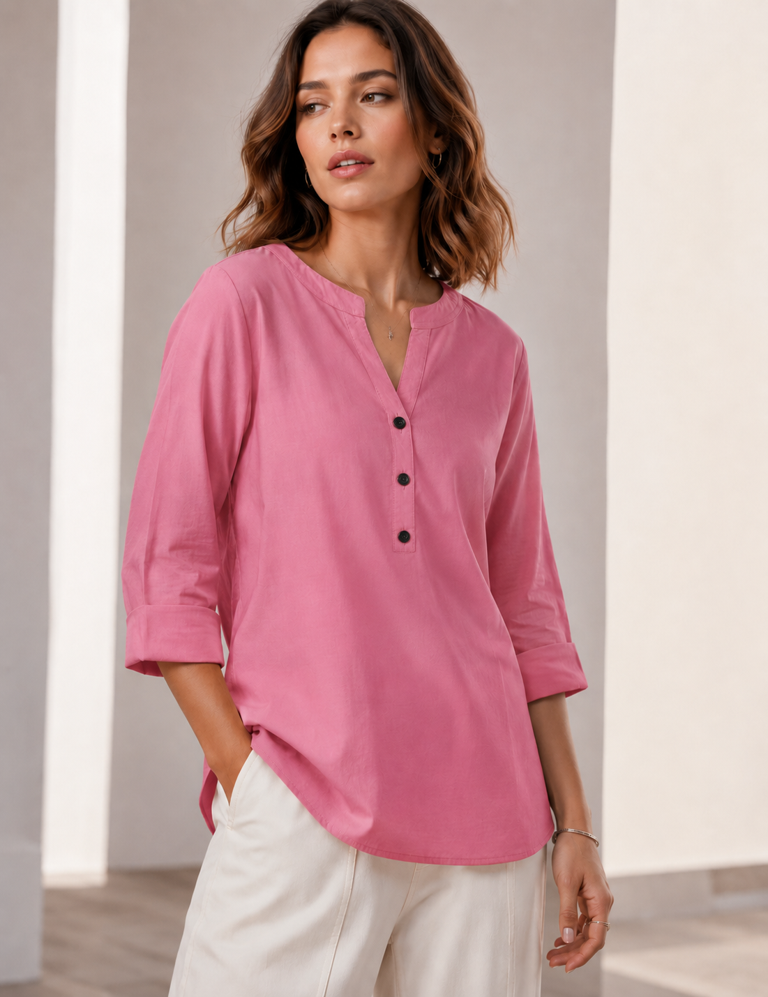 Women's Solid Pink Cotton Blend Kurti - 24349
