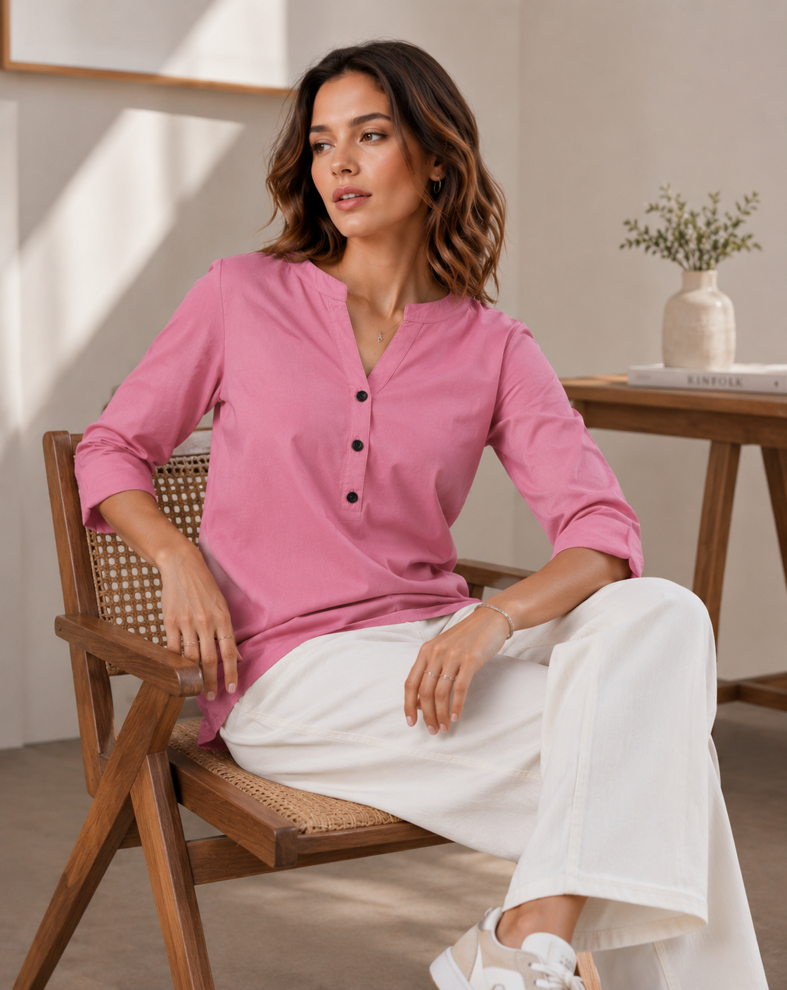 Women's Solid Pink Cotton Blend Kurti - 24349