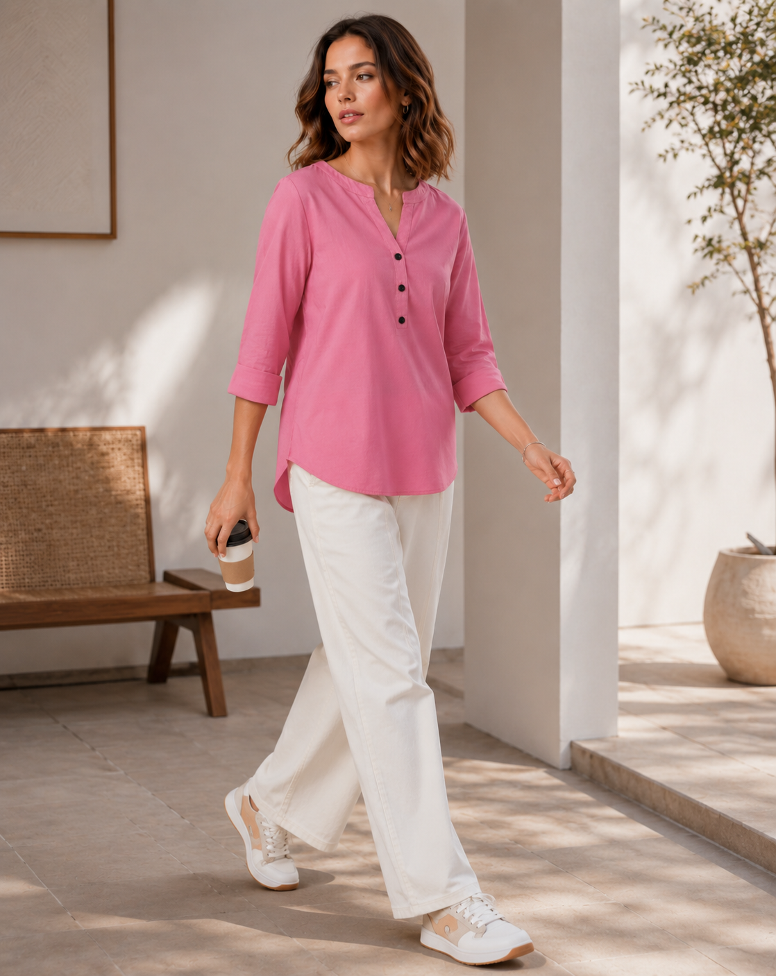 Women's Solid Pink Cotton Blend Kurti - 24349