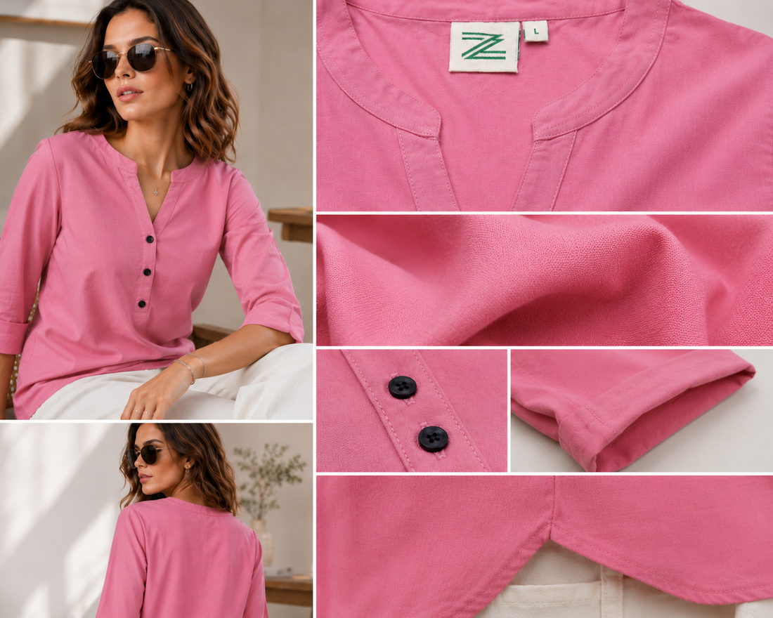Women's Solid Pink Cotton Blend Kurti - 24349