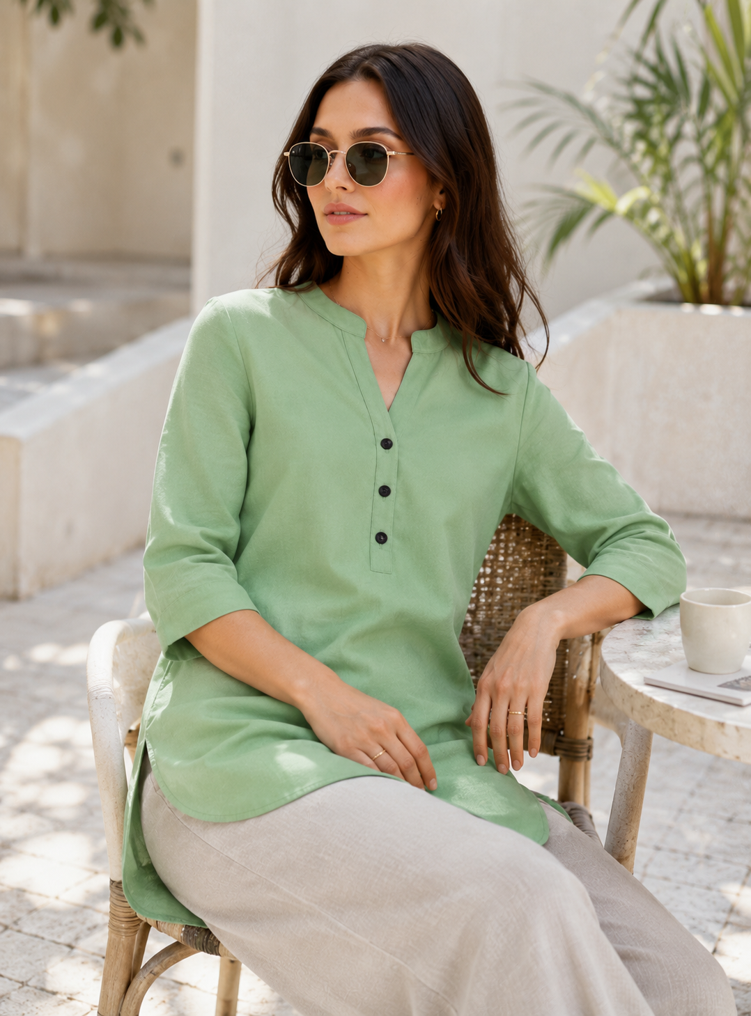 Women's Mint Green Textured Cotton Kurti - 24348