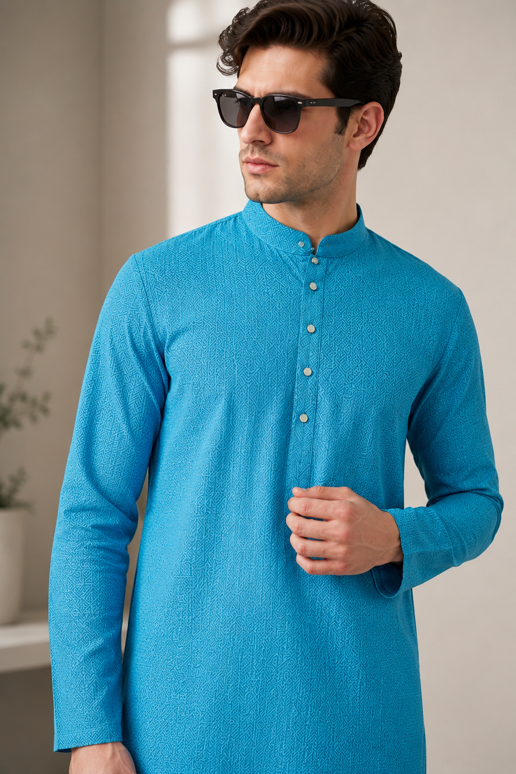 Men’s Teal Geometric Jacquard Kurta - 26635