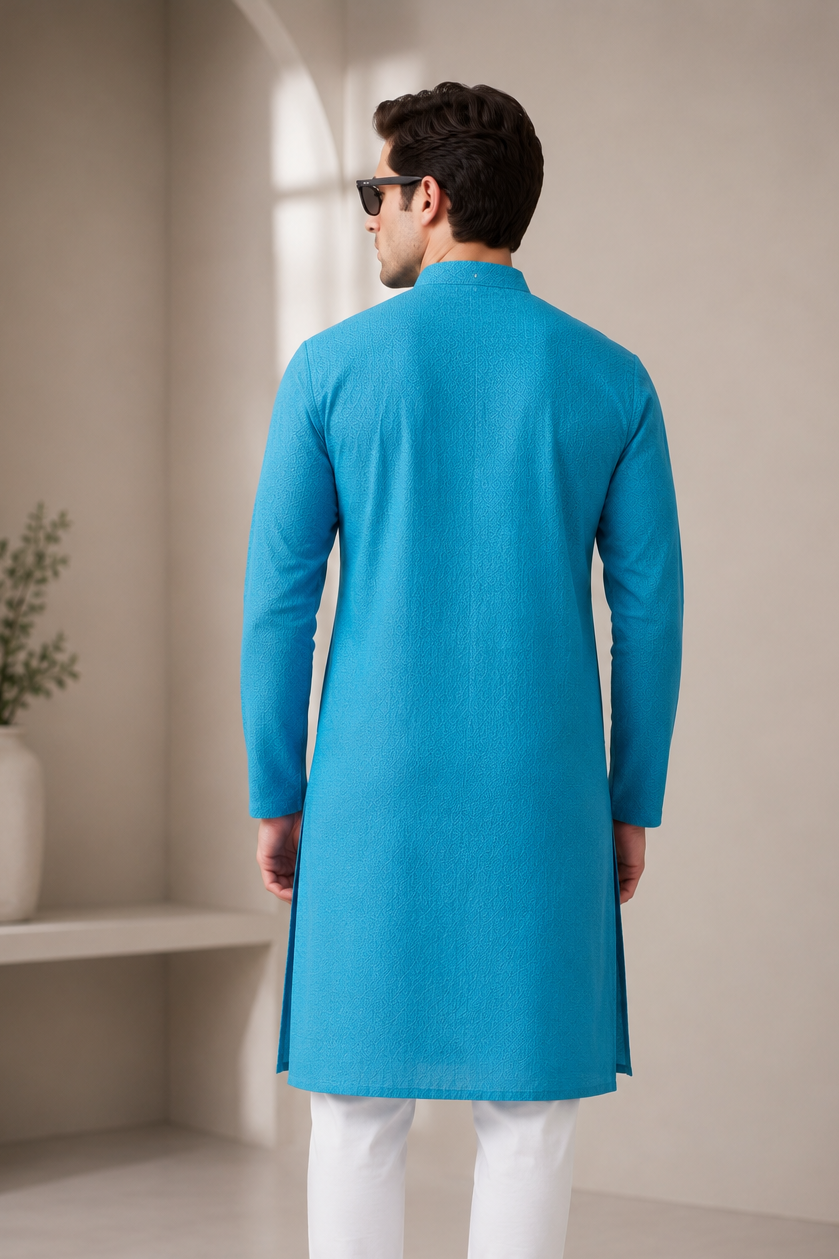 Men’s Teal Geometric Jacquard Kurta - 26635