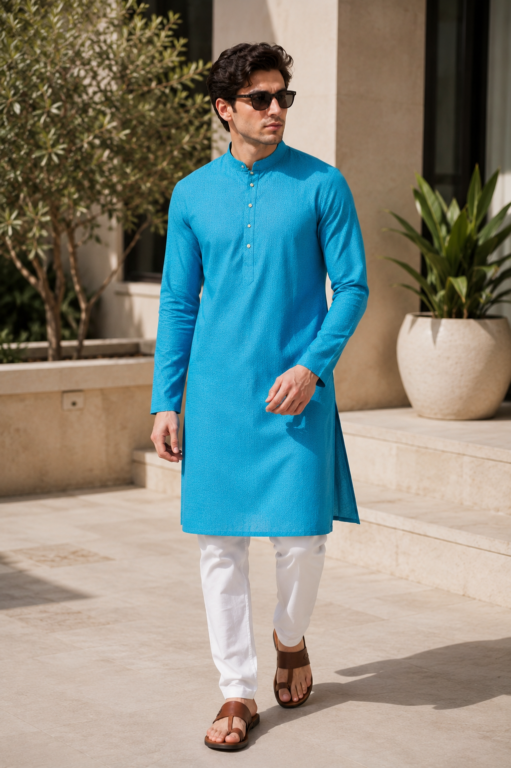 Men’s Teal Geometric Jacquard Kurta - 26635