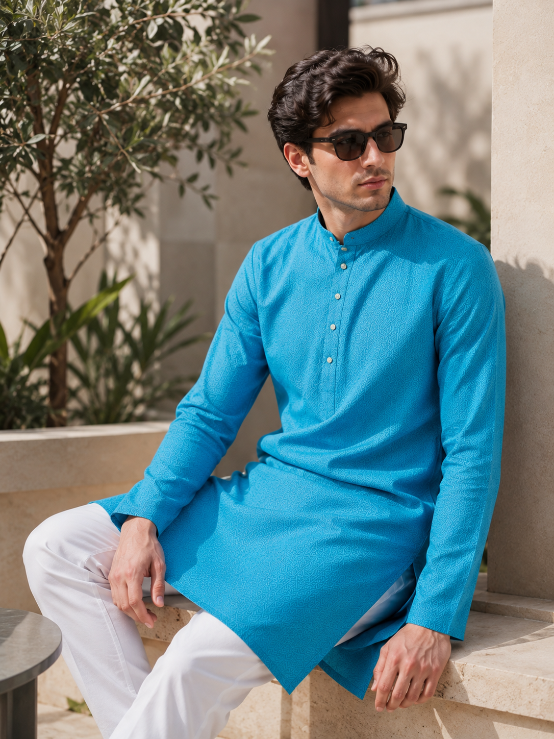 Men’s Teal Geometric Jacquard Kurta - 26635