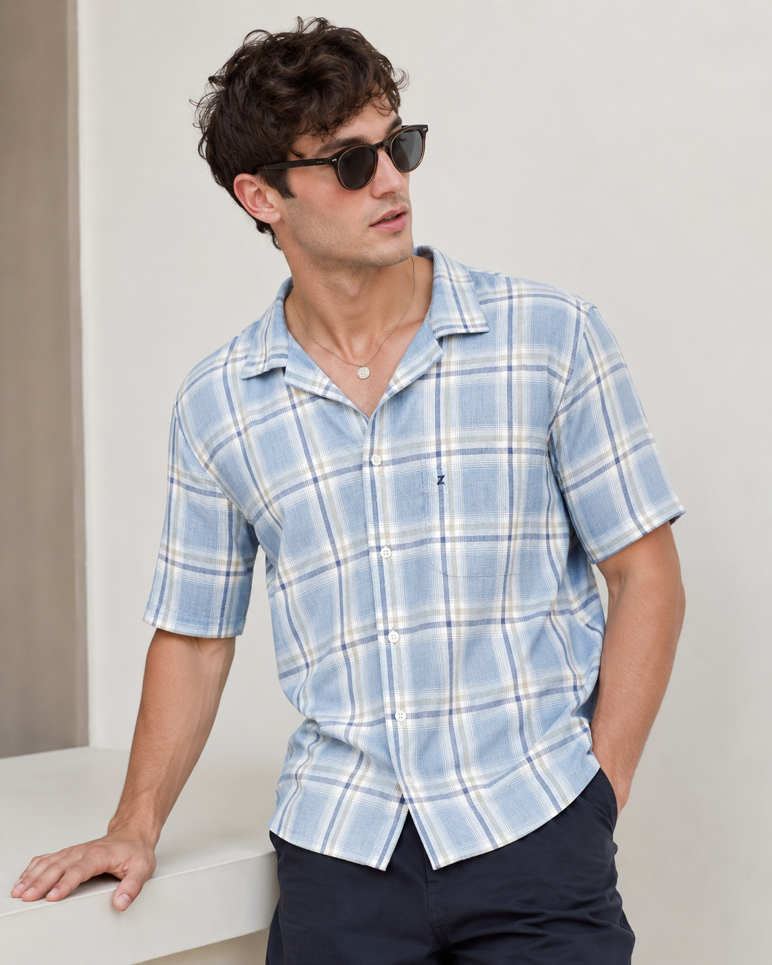 Sky Blue Textured Plaid Cotton Casual Shirt - 27022