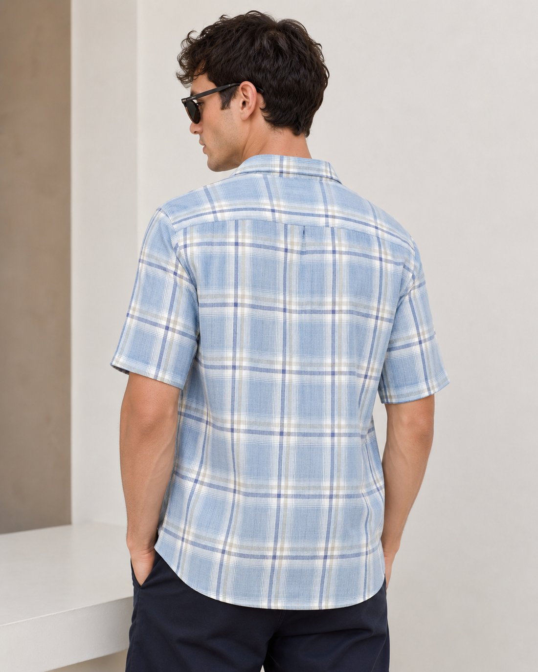 Sky Blue Textured Plaid Cotton Casual Shirt - 27022