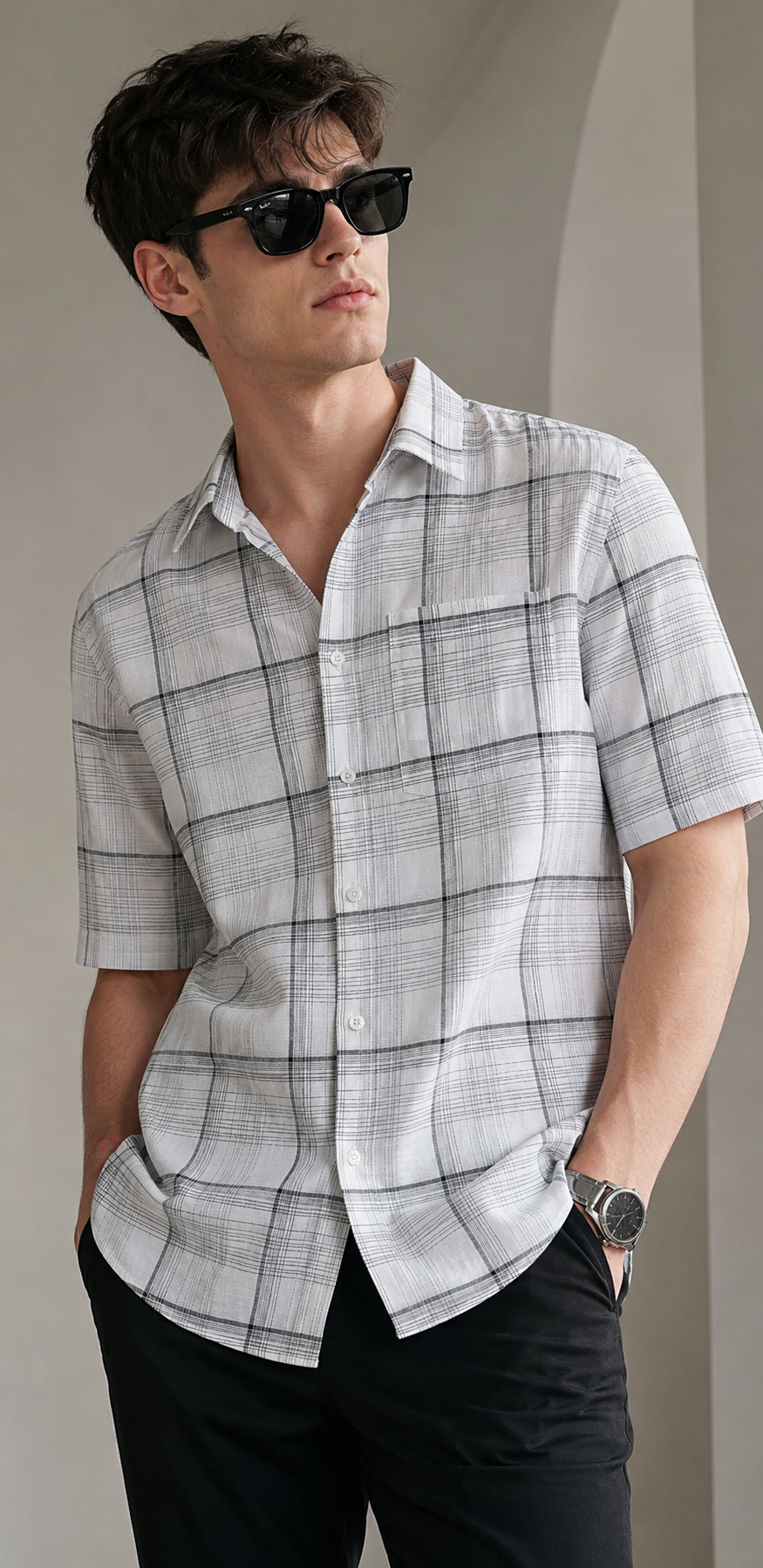 White & Black Textured Grid Pattern Casual Cotton Shirt - 27016