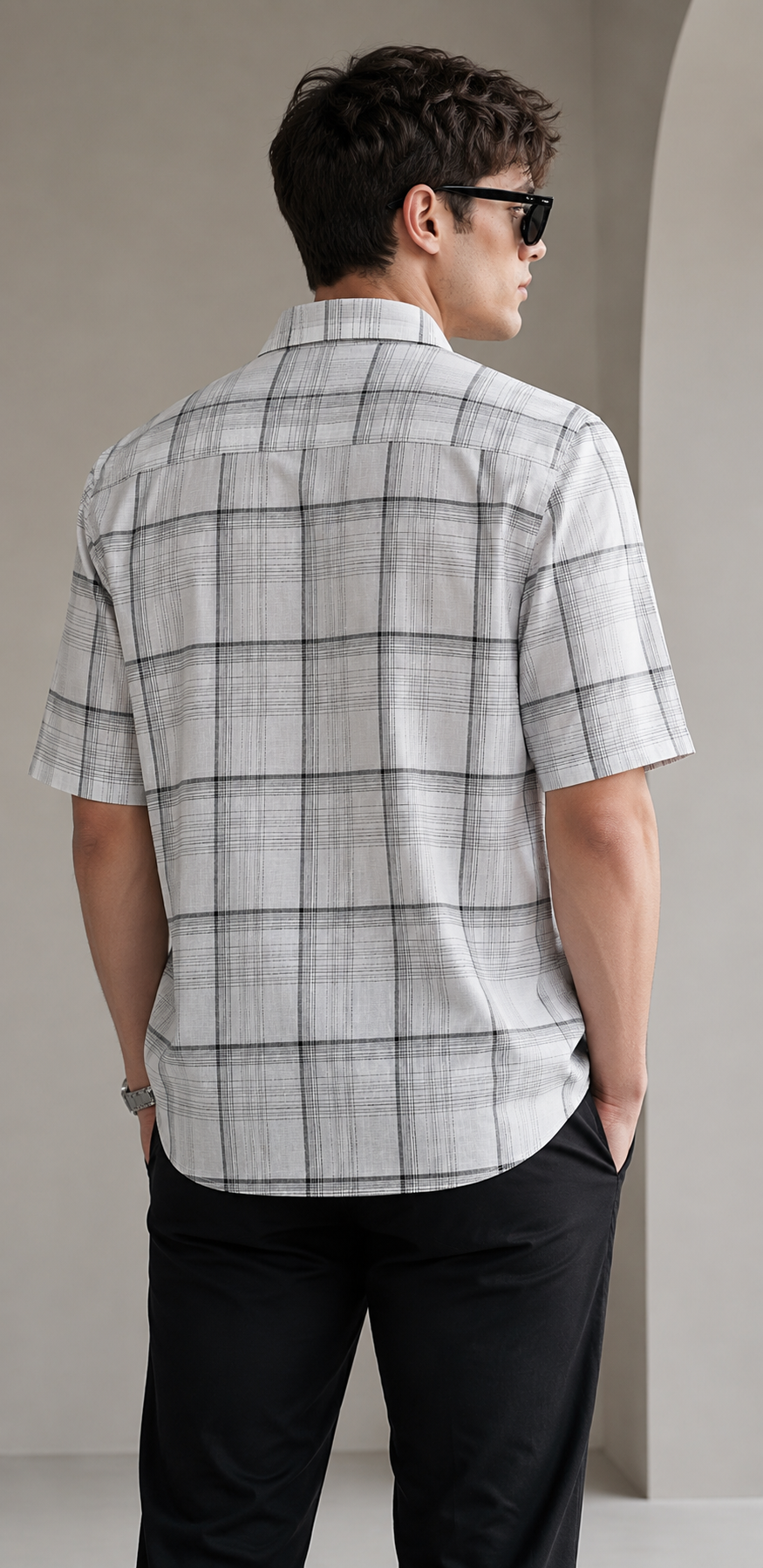 White & Black Textured Grid Pattern Casual Cotton Shirt - 27016