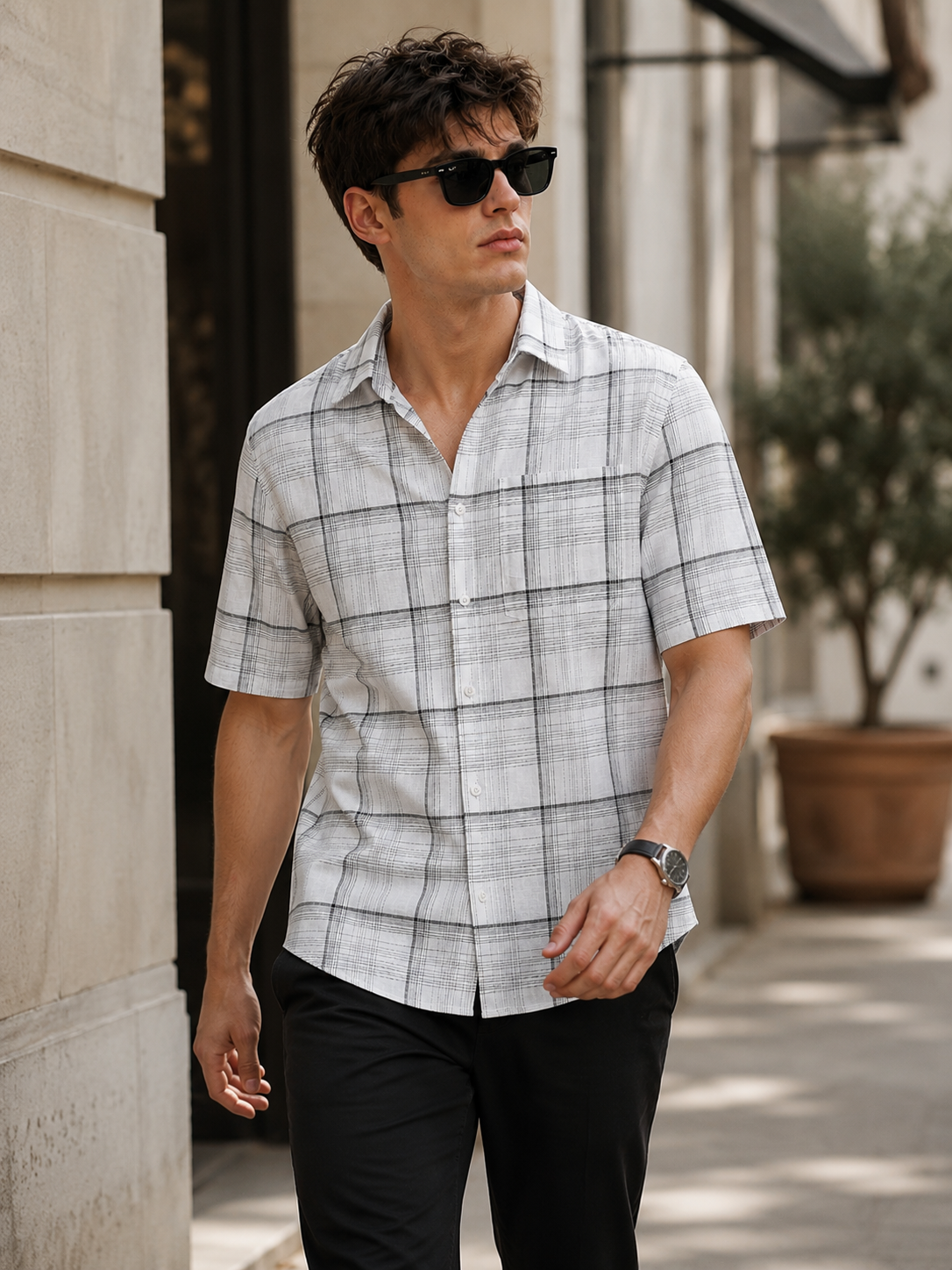 White & Black Textured Grid Pattern Casual Cotton Shirt - 27016