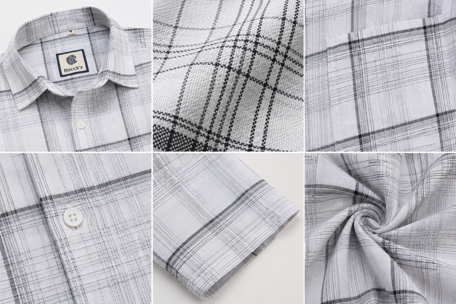 White & Black Textured Grid Pattern Casual Cotton Shirt - 27016