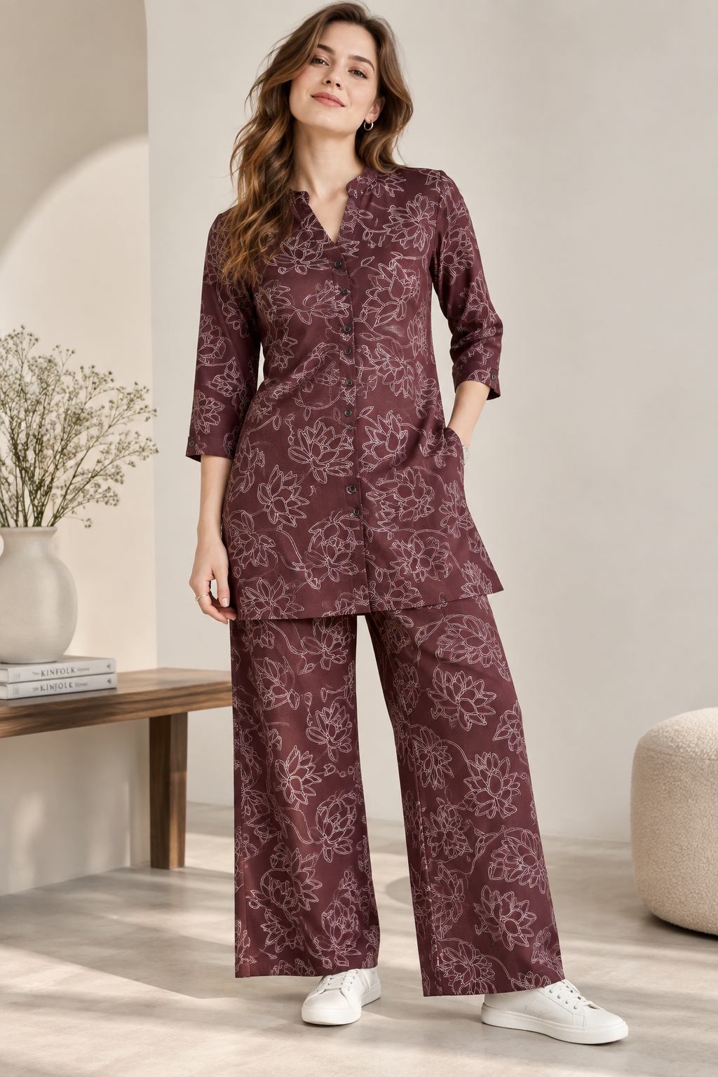 Rocck'z Elegant Maroon Lotus Print Co-Ord Set – 27241