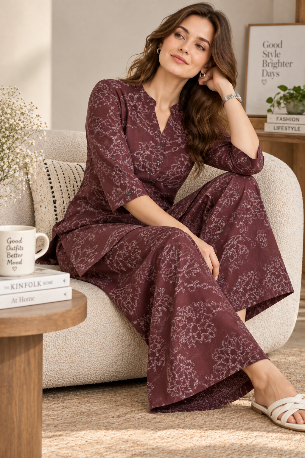 Rocck'z Elegant Maroon Lotus Print Co-Ord Set – 27241