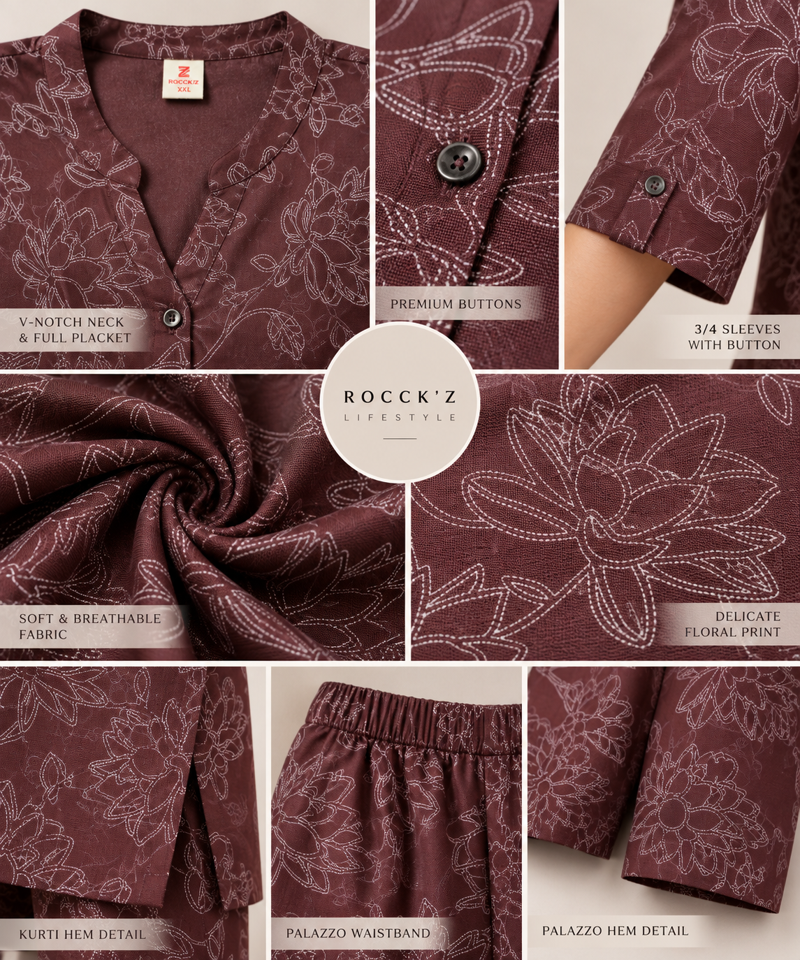 Rocck'z Elegant Maroon Lotus Print Co-Ord Set – 27241