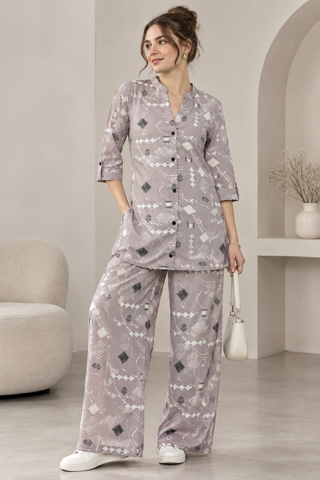 Rocck'z Women’s Geometric Printed Button-Down Shirt & Co-Ord Set - 27279
