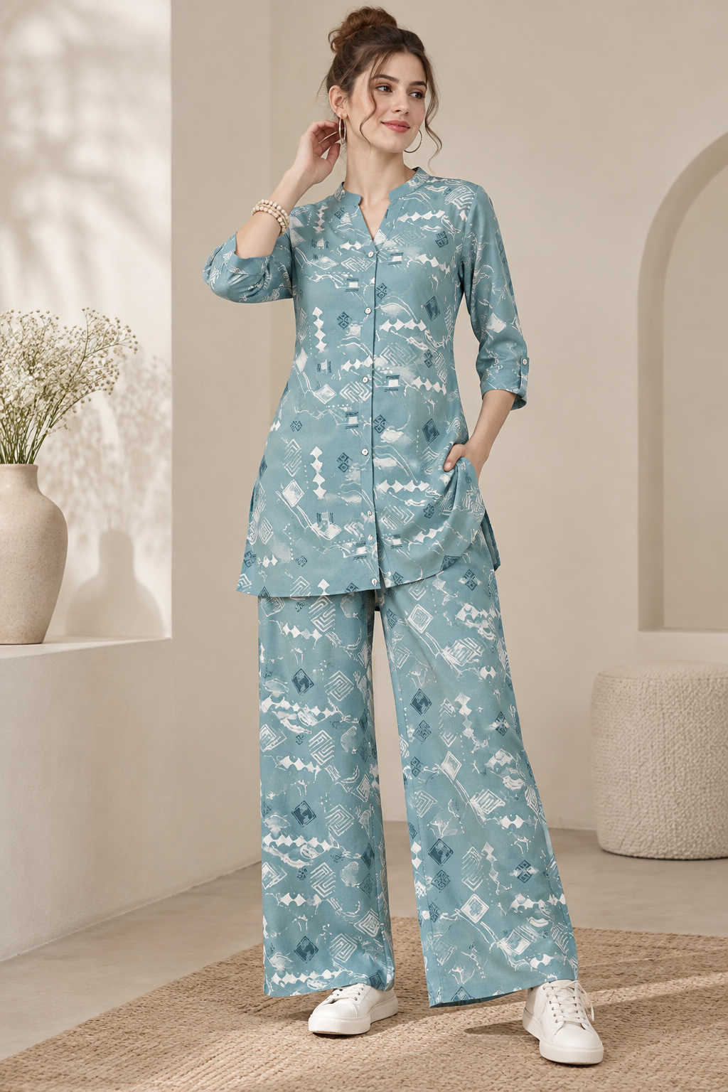 Rocck'z Women’s Geometric Printed Button-Down Shirt & Co-Ord Set - 27278